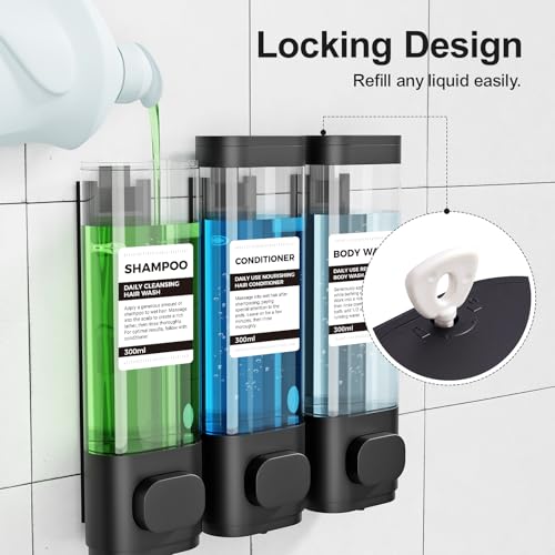 Aeakey 3-Chamber Wall Mounted Shampoo and Conditioner Dispenser,300ML Each Shower Soap Dispenser,Easy Refill,No Drip,Ideal for Shampoo,Conditioner,Body Wash for Bathroom Kitchen Hotel Black - Image 4